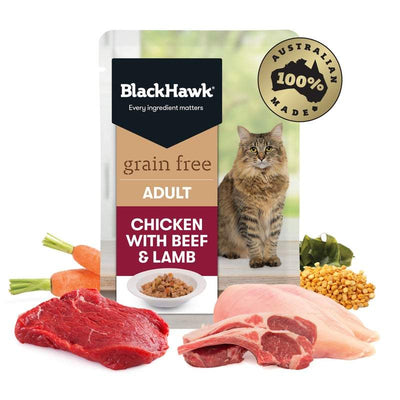 Black Hawk Grain Free Adult Chicken With Beef Lamb And Gravy Wet Cat Food Pouches 85G - Just For Pets Australia