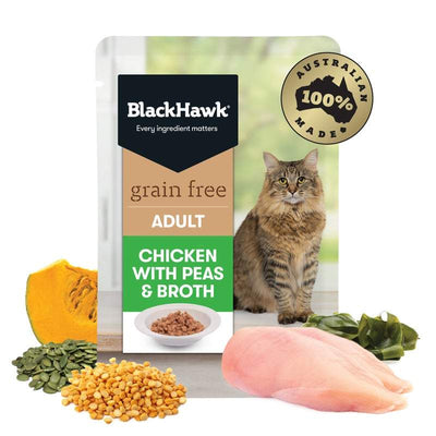 Black Hawk Grain Free Adult Chicken With Peas Broth And Gravy Wet Cat Food Pouches 85G - Just For Pets Australia