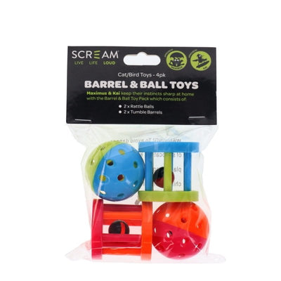 Scream Barrel And Ball Toy Pack Multicolour 4Pk - Just For Pets Australia