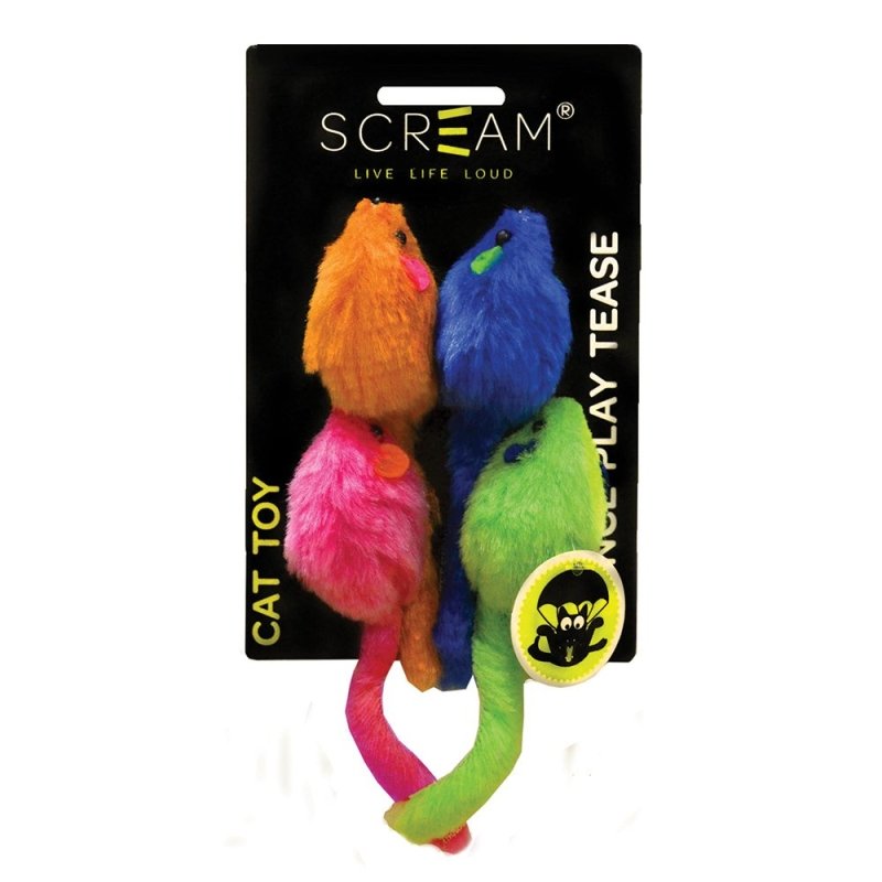 Scream Multi-Coloured Mice Cat Toy 4Pk