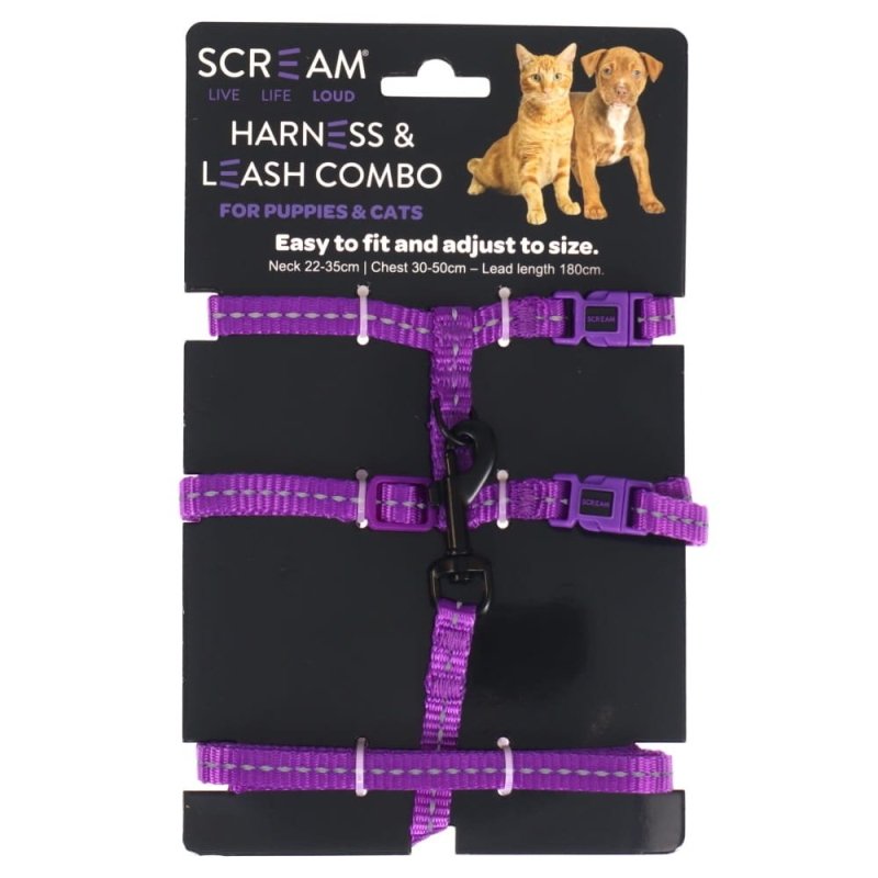 Scream Reflective Adj. Nylon Cat/Puppy 1cm Harness W/Leash