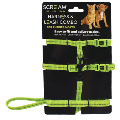 Scream Reflective Adj. Nylon Cat/Puppy 1cm Harness W/Leash - Just For Pets Australia