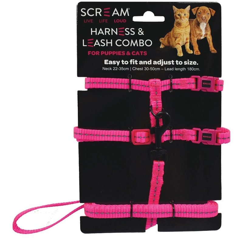 Scream Reflective Adj. Nylon Cat/Puppy 1cm Harness W/Leash