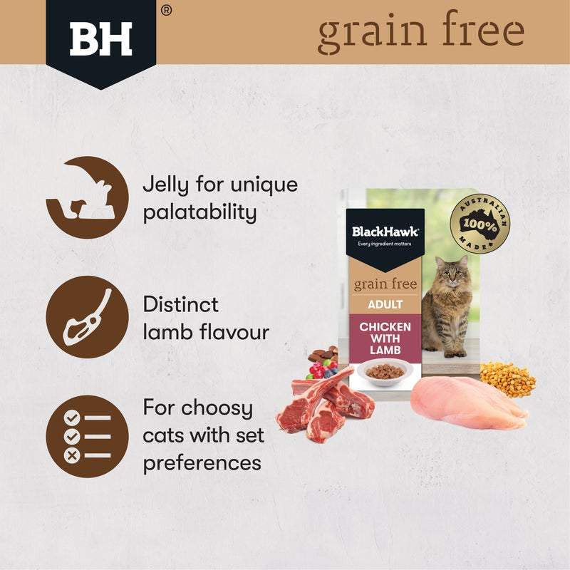Black Hawk Grain Free Adult Chicken With Lamb In Jelly Wet Cat Food Pouches 85G