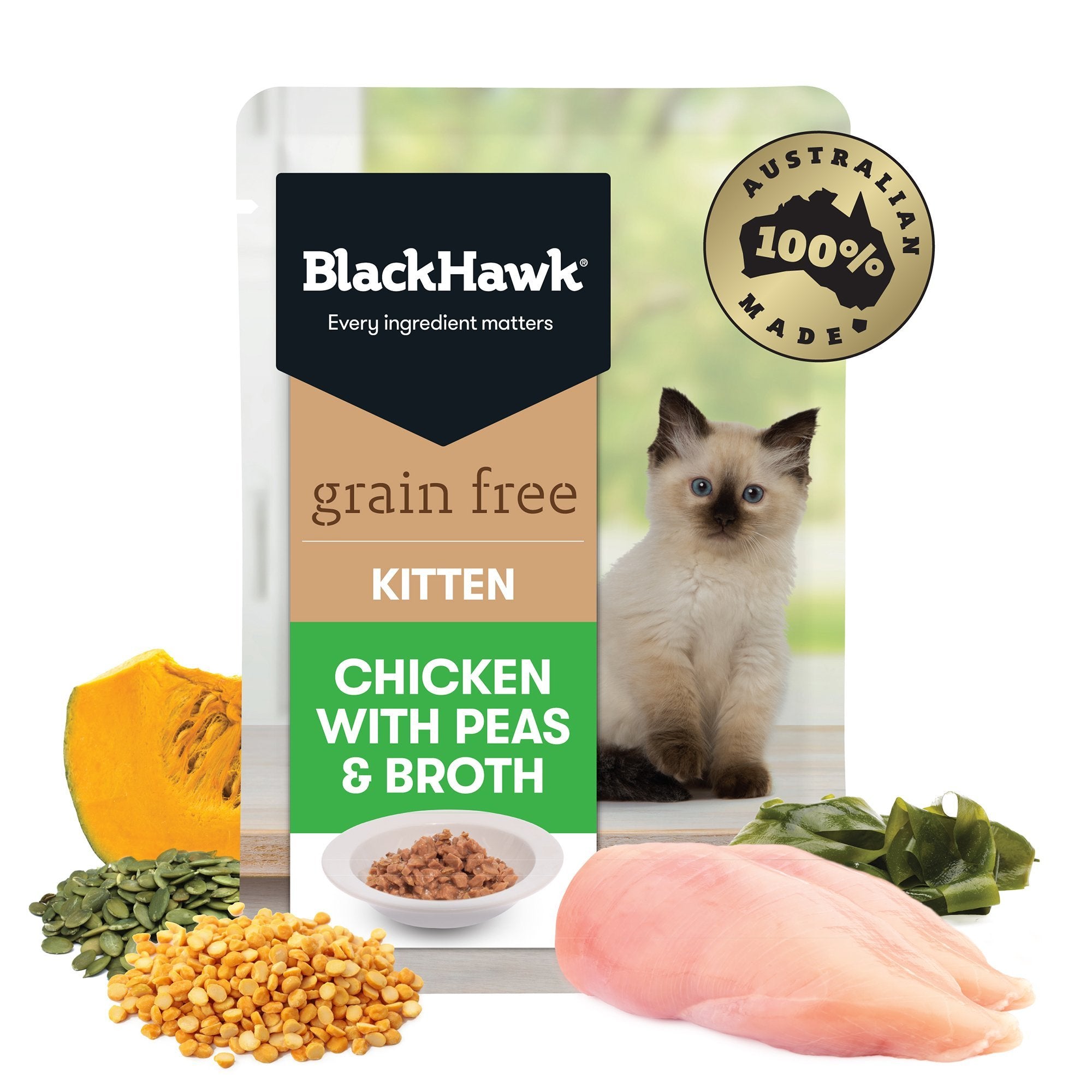 Black Hawk Grain Free Kitten Chicken With Peas Broth And Gravy Wet Cat Food Pouches 85G