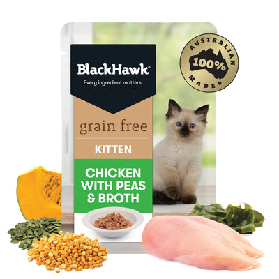 Black Hawk Grain Free Kitten Chicken With Peas Broth And Gravy Wet Cat Food Pouches 85G - Just For Pets Australia