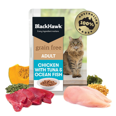 Black Hawk Grain Free Adult Chicken With Tuna Ocean Fish And Gravy Wet Cat Food Pouches 85G - Just For Pets Australia