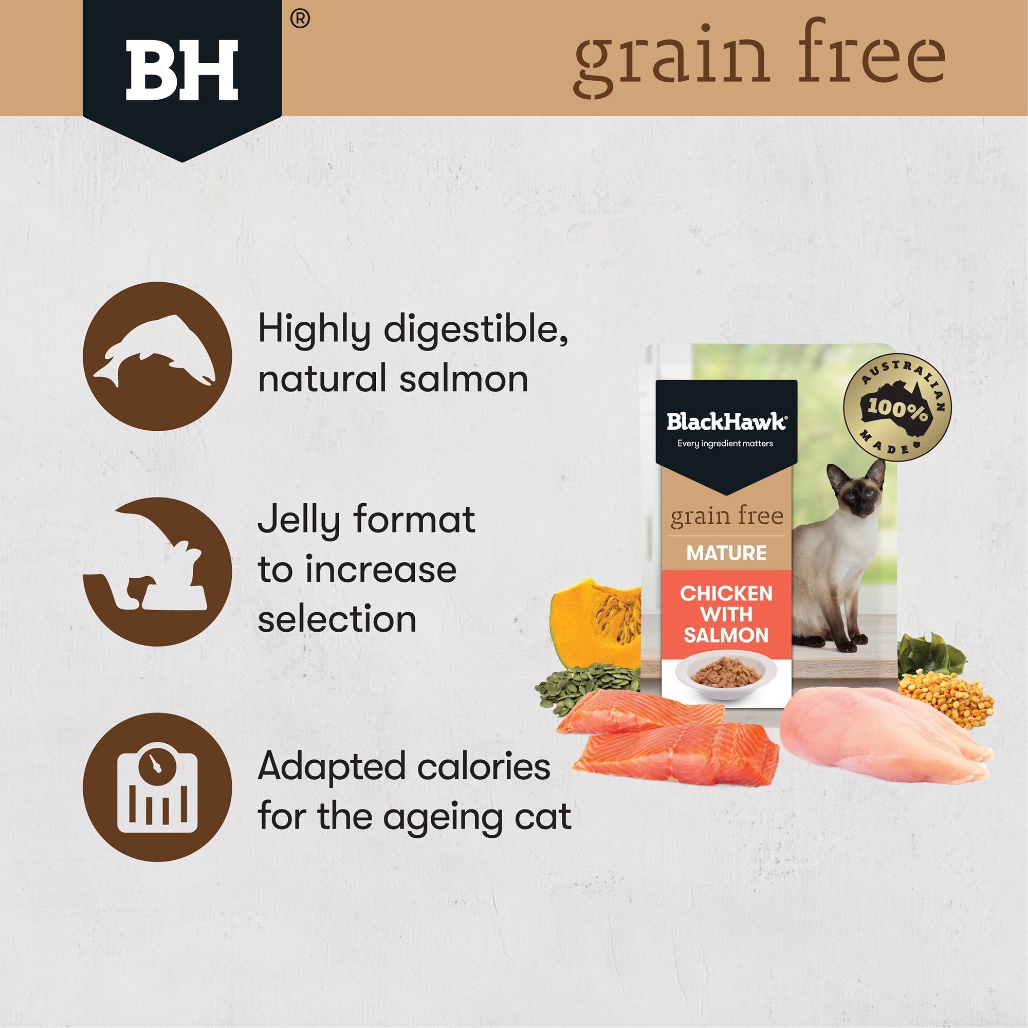Black Hawk Grain Free Mature Chicken With Salmon In Jelly Wet Cat Food Pouches 85G