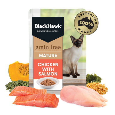 Black Hawk Grain Free Mature Chicken With Salmon In Jelly Wet Cat Food Pouches 85G - Just For Pets Australia