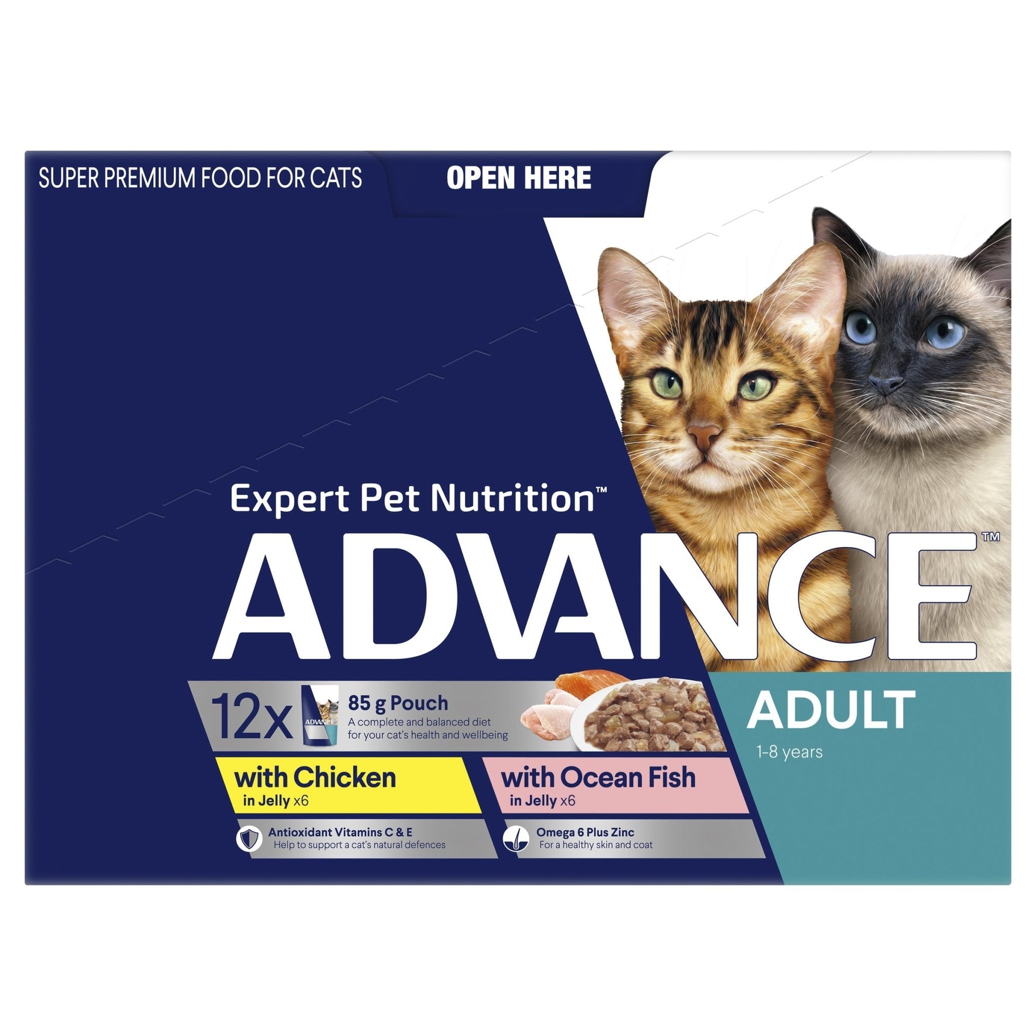 ADVANCE Adult Wet Cat Food Chicken, Ocean Fish In Jelly 12x85g Pouches