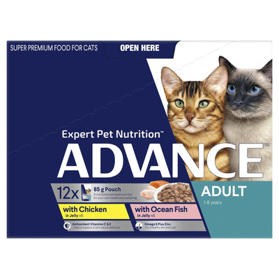 ADVANCE Adult Wet Cat Food Chicken, Ocean Fish In Jelly 12x85g Pouches - Just For Pets Australia