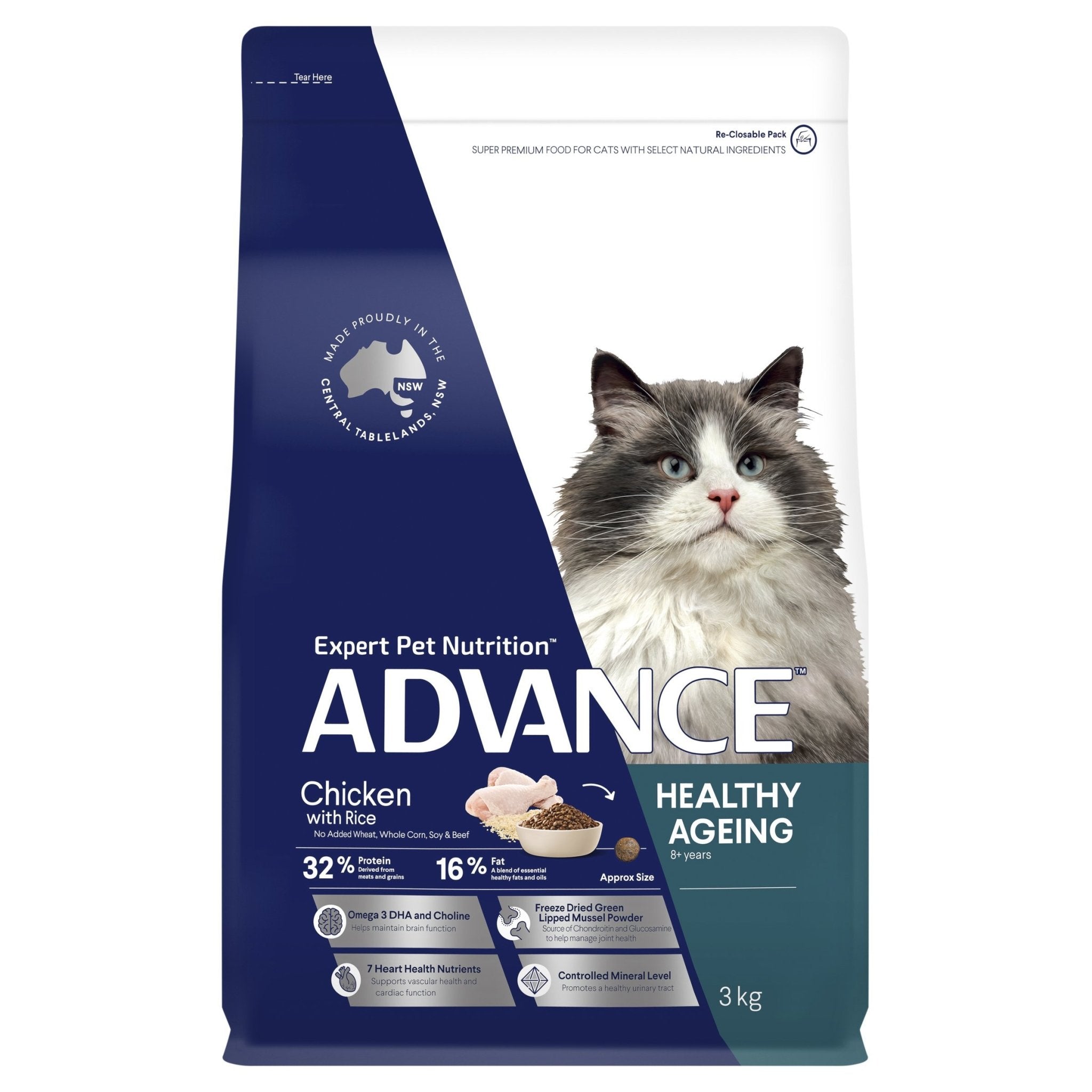 ADVANCE Healthy Ageing Dry Cat Food Chicken with Rice 3kg Bag