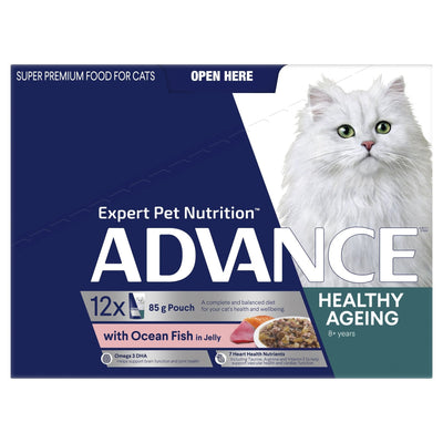 ADVANCE Healthy Ageing Wet Cat Food Ocean Fish In Jelly 12x85g Pouches - Just For Pets Australia