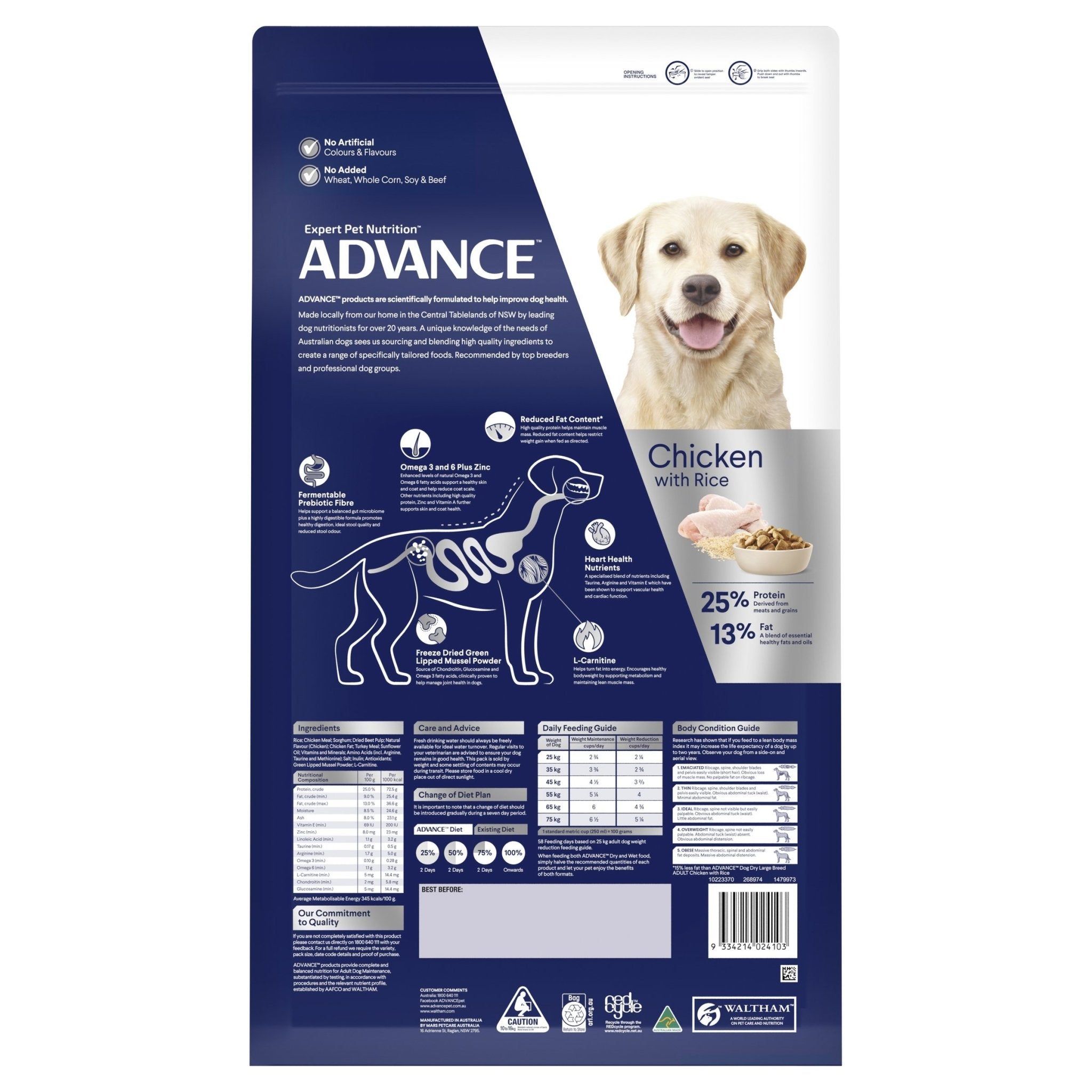ADVANCE Healthy Weight Large Adult Dry Dog Food Chicken with Rice 13kg Bag