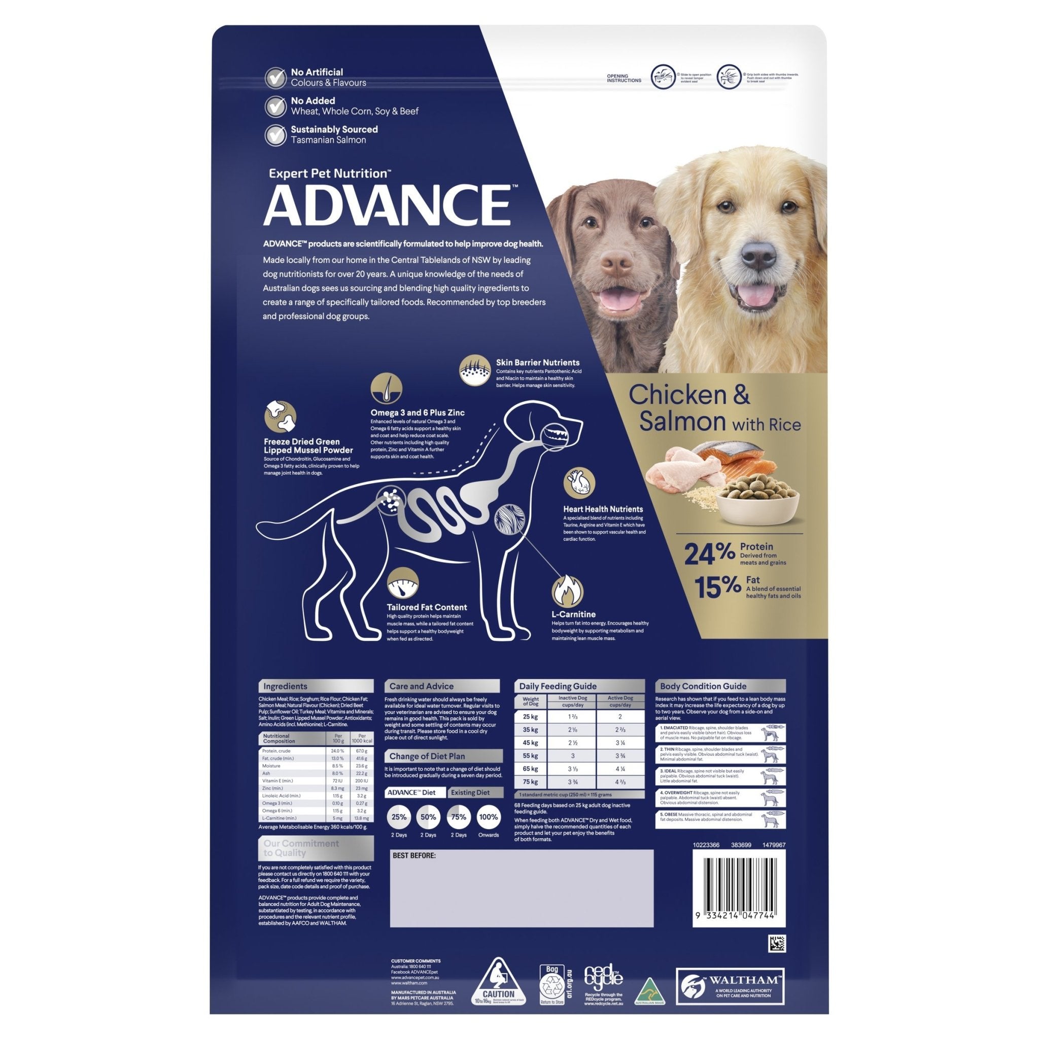 ADVANCE Retrievers Dry Dog Food Chicken & Salmon with Rice 13kg Bag