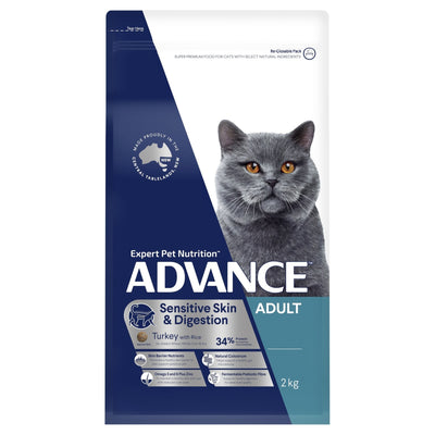 ADVANCE Sensitive Skin & Digestion Adult Dry Cat Food Turkey with Rice 2kg Bag - Just For Pets Australia
