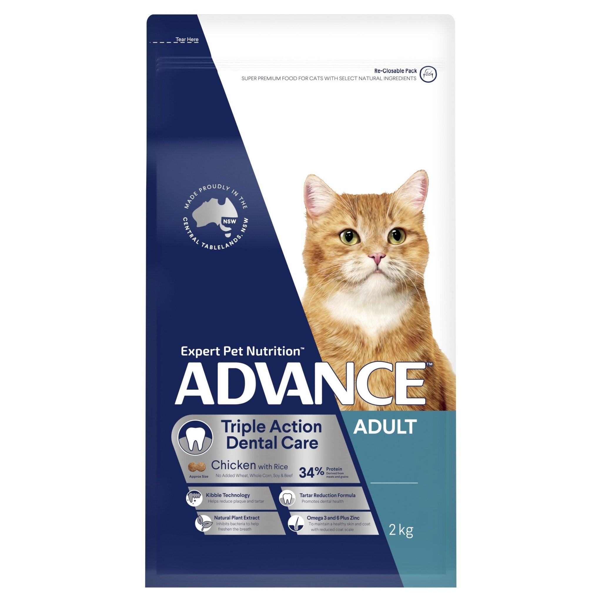 ADVANCE Triple Action Dental Care Dry Cat Food Chicken with Rice 2kg Bag
