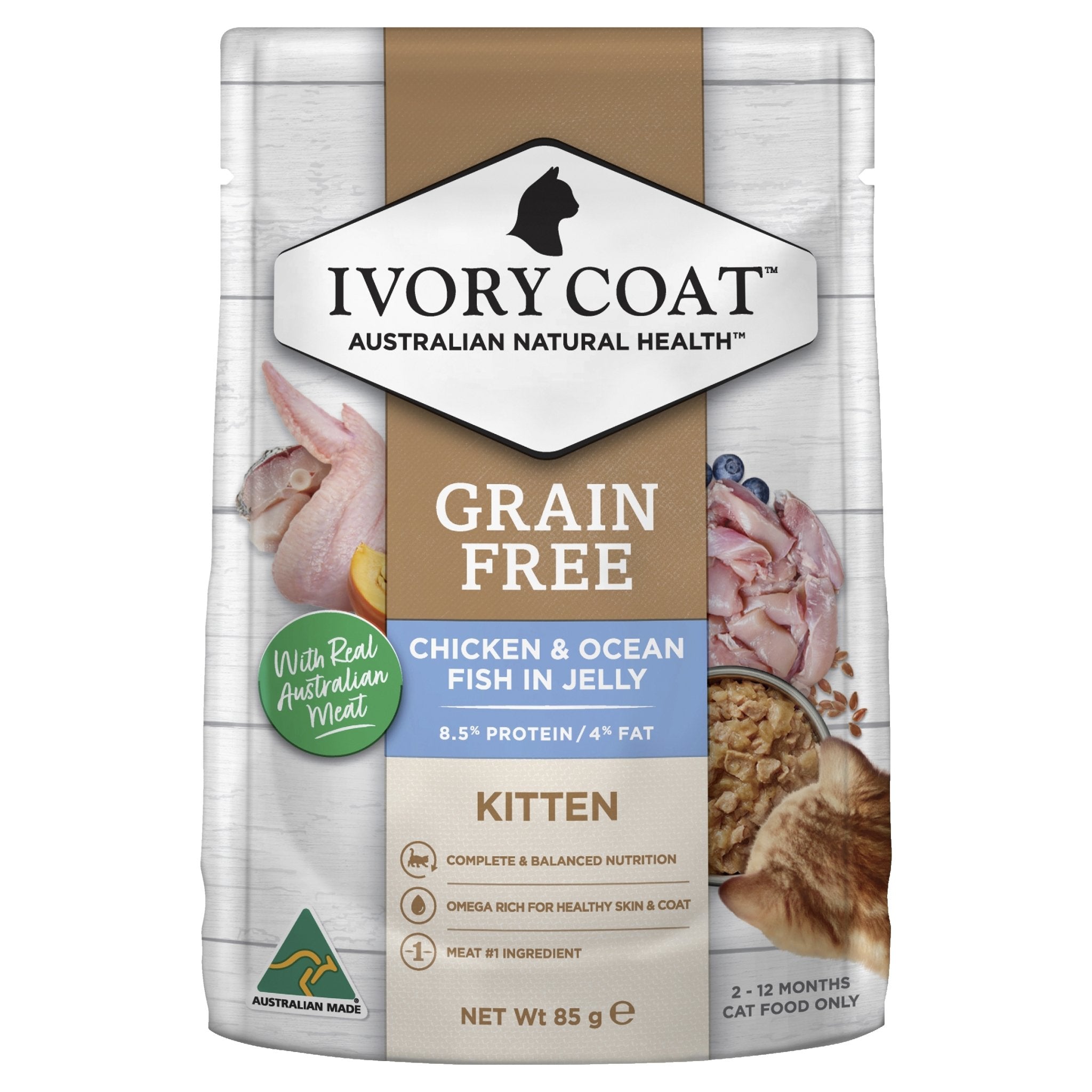 Ivory Coat Grain Free Chicken & Ocean Fish in Jelly Wet Kitten Food, 12x85g