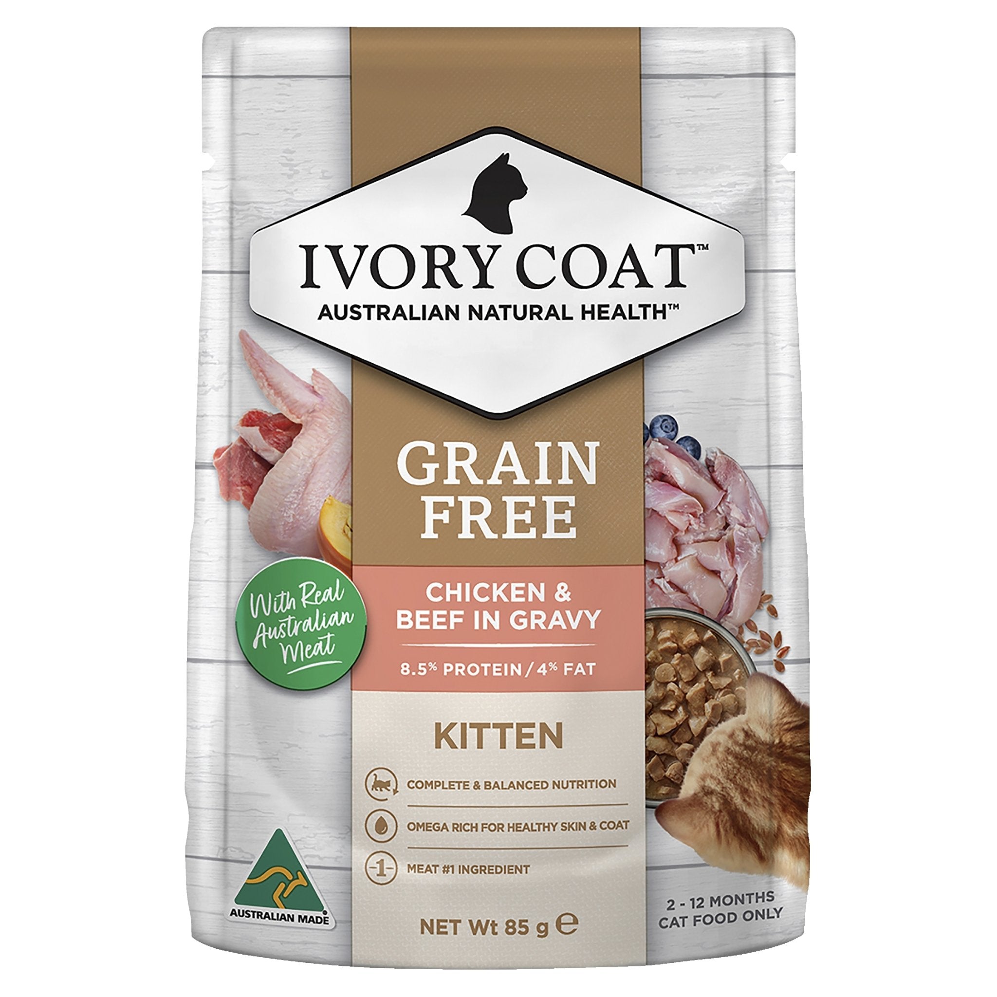 Ivory Coat Grain Free Kitten Chicken & Beef in Gravy Wet Cat Food, 12x85g