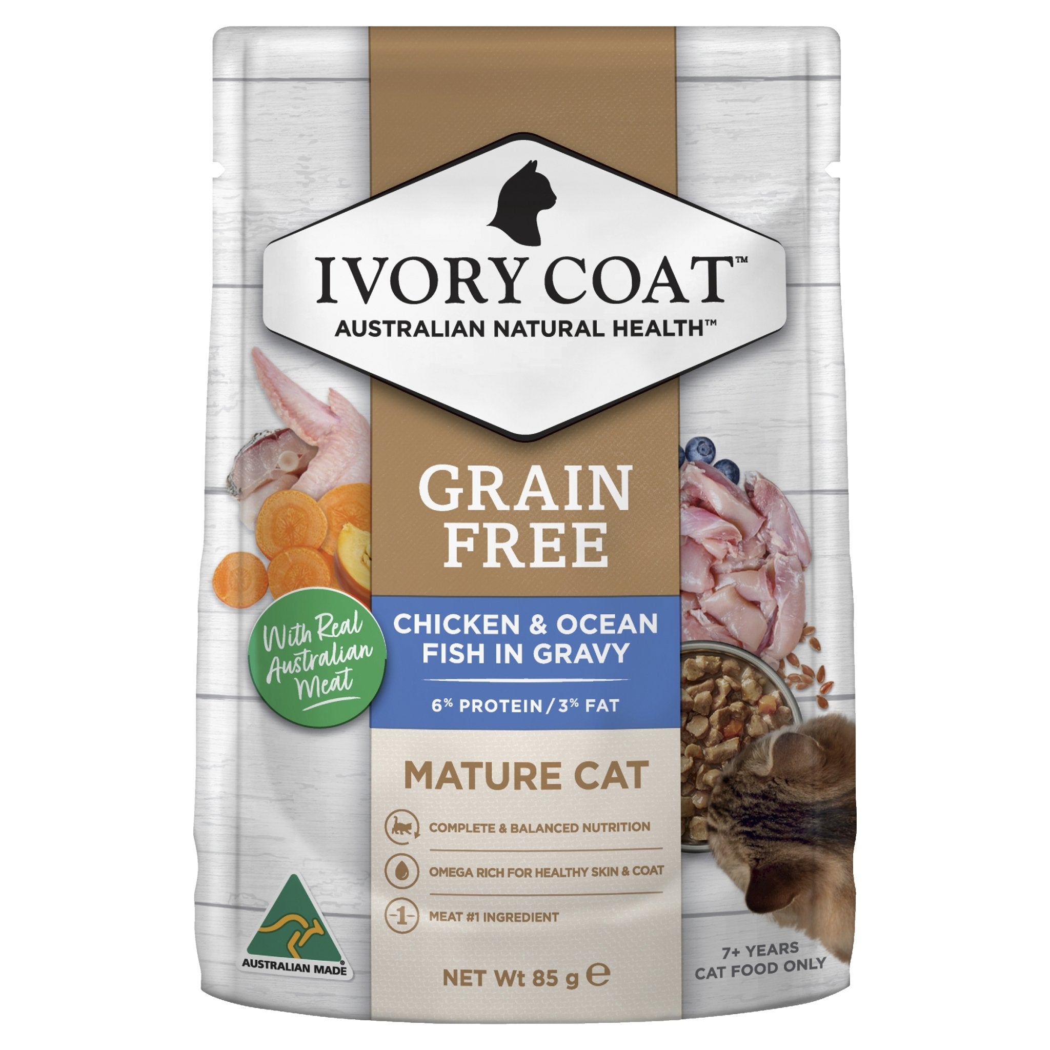 Ivory Coat Grain Free Mature Chicken & Ocean Fish in Gravy Wet Cat Food, 12x85g