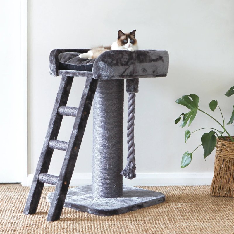 Kazoo Kitty High Bed w/Ladder - Charcoal plush & grey sisal